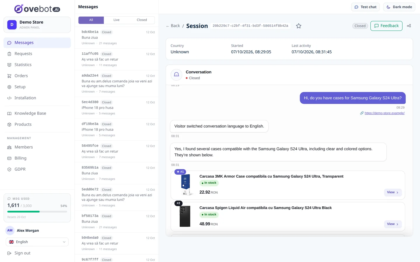 Una conversación en la app de Ovebot, con la verificación del pedido y los mensajes del cliente