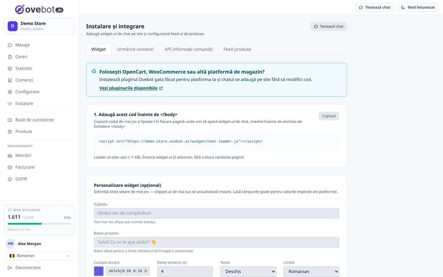 Pagina Install din aplicația Ovebot, cu scriptul de instalare și configuratorul live