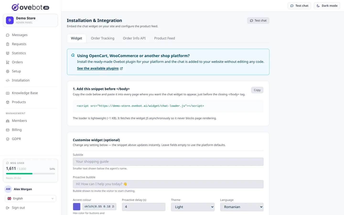 Seite Install der Ovebot-App mit dem Einbettungs-Snippet und dem Live-Konfigurator