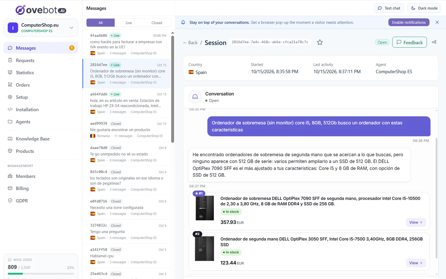 Ovebot programėlės puslapis Žinutės: pokalbių sąrašas ir atidaryta sesija su kliento klausimu, agento atsakymu ir prekių kortelėmis