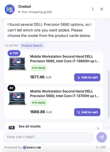 Chat de Ovebot: dos versiones del portátil DELL Precision 5680, con precio, stock y el botón Añadir al carrito