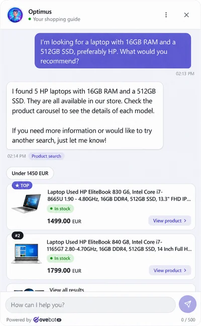 Chat Ovebot: zákazník hledá notebook HP s 16 GB RAM a 512GB SSD a dostane karty produktů s cenou a dostupností