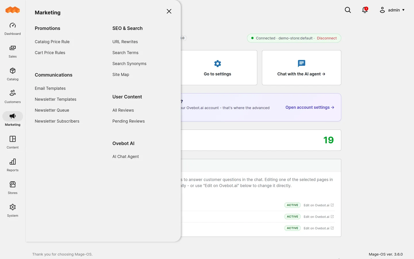 Magento administravimo sritis su įjungtu Ovebot moduliu