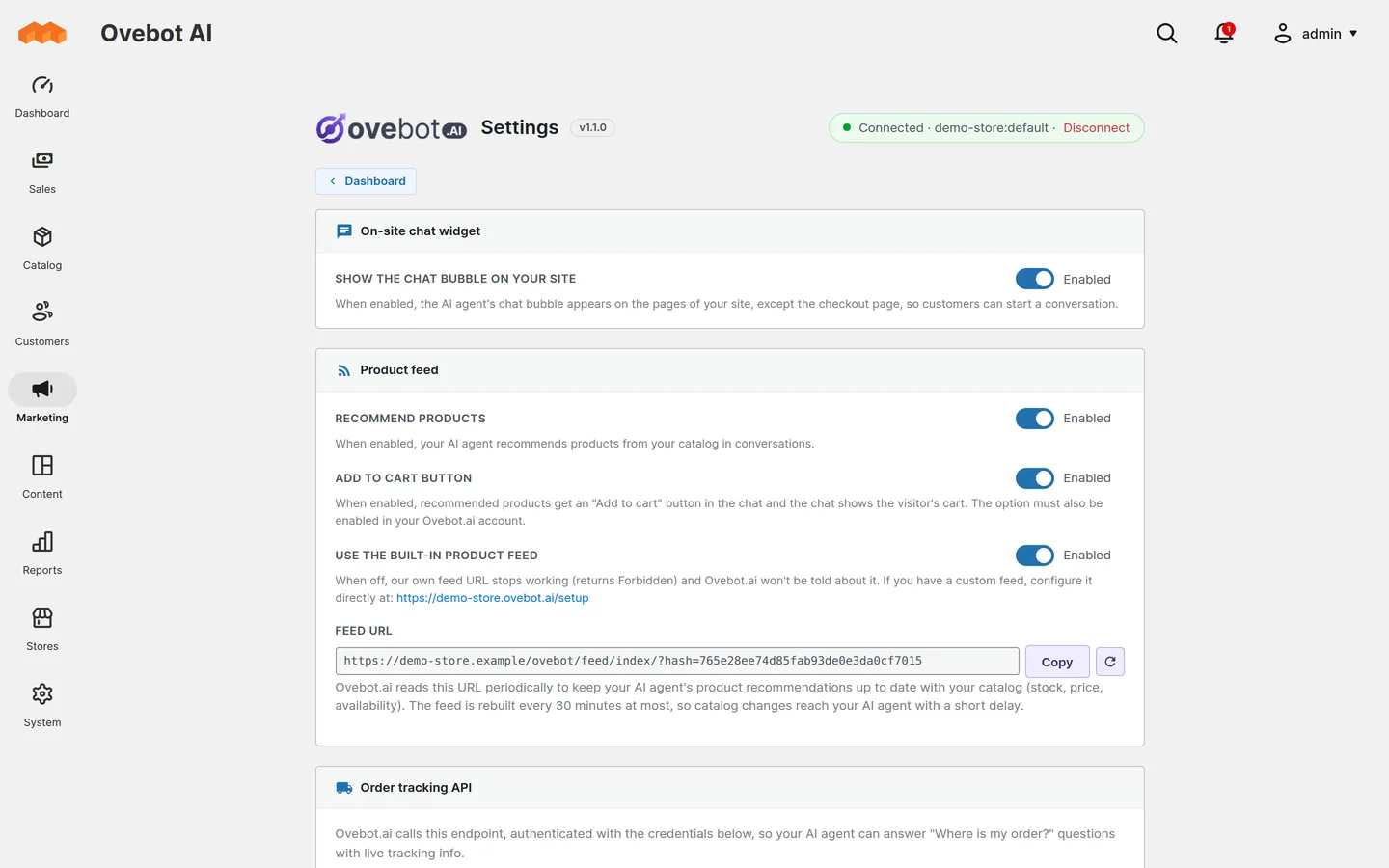 Ovebot modulio puslapis Marketing > Ovebot AI, Magento administravime