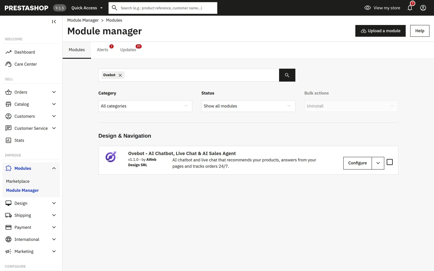 Module Manager v administraci PrestaShopu s modulem Ovebot