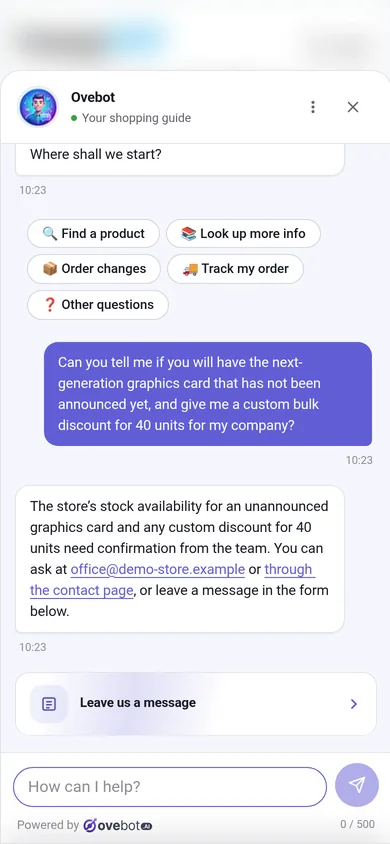Chat Ovebot předává týmu požadavek, který sám nevyřeší, s formulářem Zanechte nám zprávu