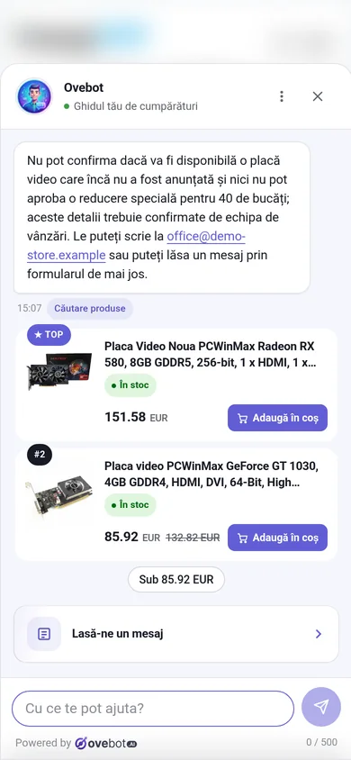 Chatul Ovebot trimițând echipei o cerere pe care nu o poate rezolva singur, cu formularul Lasă-ne un mesaj