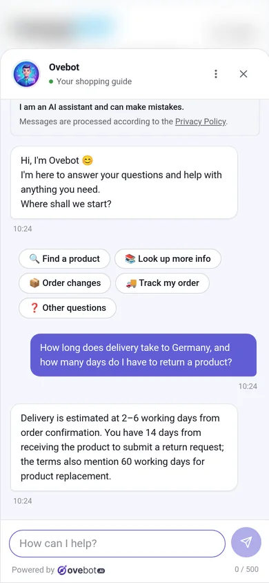 Chat Ovebot odpovídá na dotaz k dodacím lhůtám a vrácení zboží ze stránek samotného e-shopu