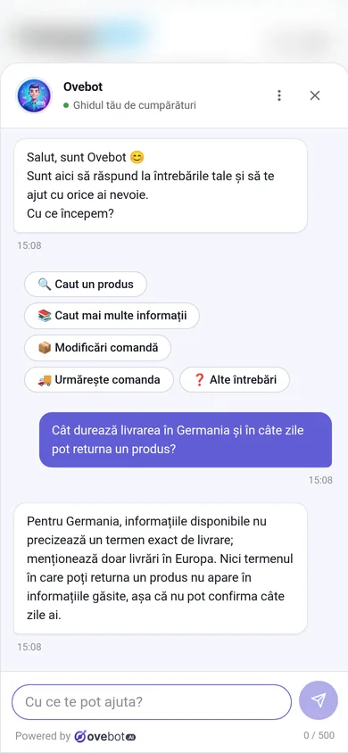 Chatul Ovebot pe pagina unui magazin, răspunzând la o întrebare despre livrare și retur