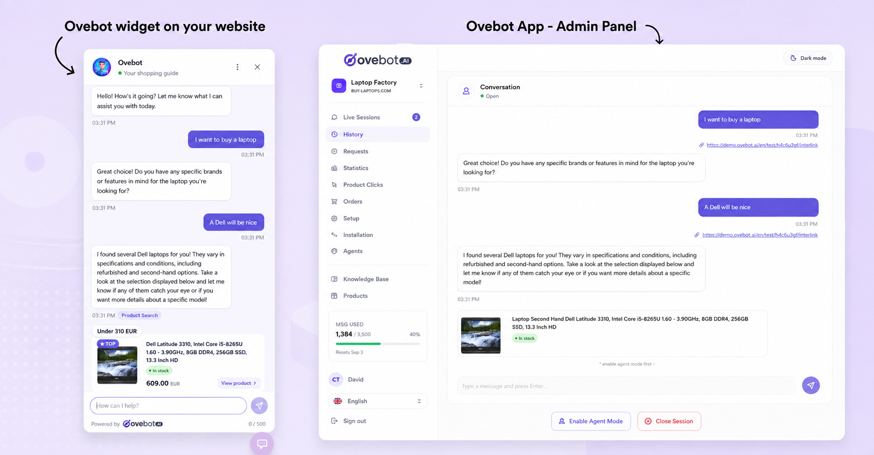 Zwei Bildschirme nebeneinander: das Ovebot-Chat-Widget, das einem Kunden auf der Website eines Shops bei der Auswahl eines Laptops hilft, und dasselbe Gespräch geöffnet im Ovebot-Adminbereich, neben den Menüs für Live-Sitzungen, Statistiken und Produkte.