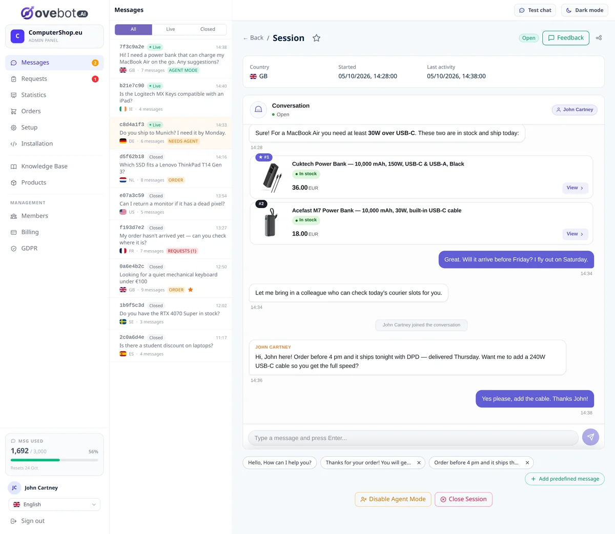 Skärmbild av Ovebots arbetsyta, med inkorgen för öppna och stängda chattar till vänster, en konversation som en medarbetare tagit över i mitten och produktkort som rekommenderats i chatten