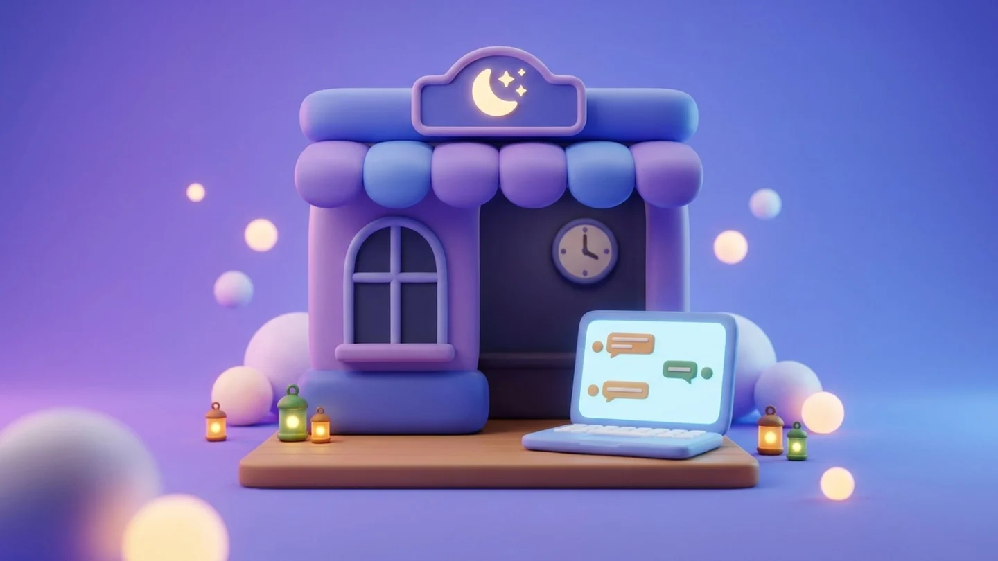 Illustration: an online shop closed at night while a laptop on the counter keeps answering customers in chat.