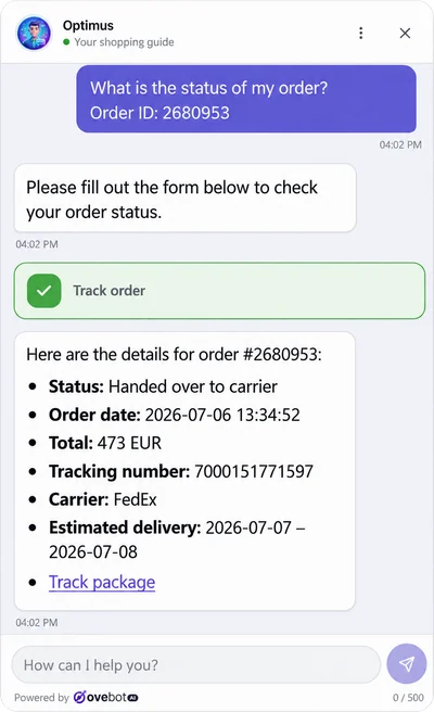 The chat shows the details of an order handed over to the carrier, including the order date, total, tracking number, carrier, estimated delivery dates and a Track package link.