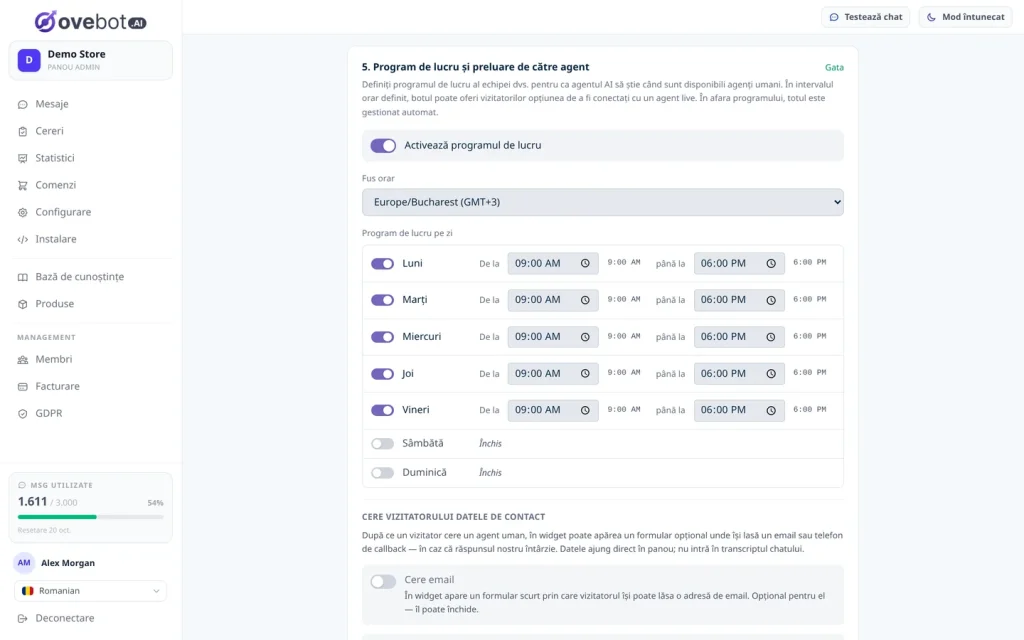 Setările de program de lucru și preluare de către agent: program activ de luni până vineri, 09:00-18:00, fus orar Europe/Bucharest, sâmbăta și duminica închis, plus opțiunea de a cere vizitatorului datele de contact după ce solicită un om.
