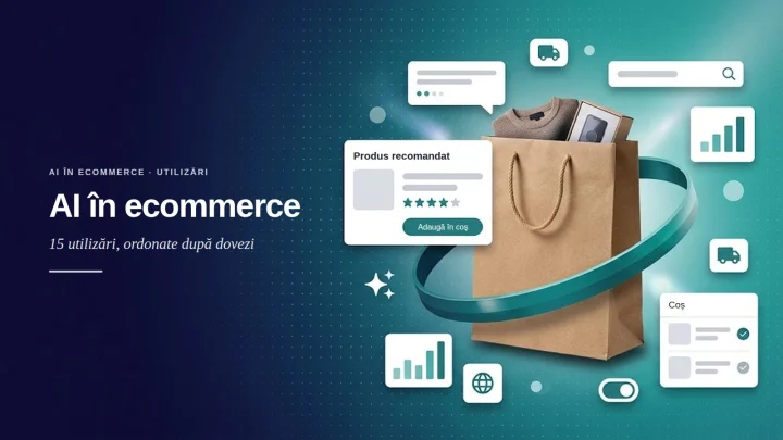 Copertă pentru un articol despre AI în ecommerce: o pungă de cumpărături din hârtie kraft, cu un pulover și un gadget în cutie, înconjurată de o panglică turcoaz, cu carduri pentru recomandări de produse, chat, căutare, grafice și coș, pe un fundal în degrade de la indigo la turcoaz, sub titlul AI în ecommerce.