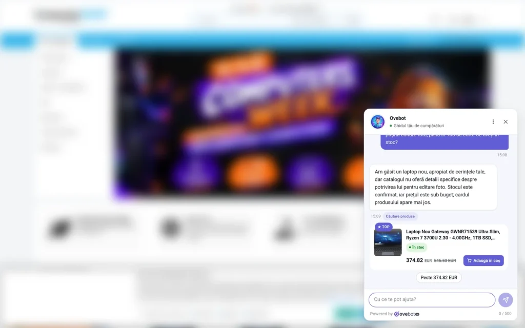 Un client cere în chat un laptop pentru puțină editare foto, până în 900 de euro, iar asistentul răspunde cu un card de produs: un laptop Gateway nou, în stoc, la 374,82 EUR în loc de 545,53 EUR, cu butonul „Adaugă în coș”.
