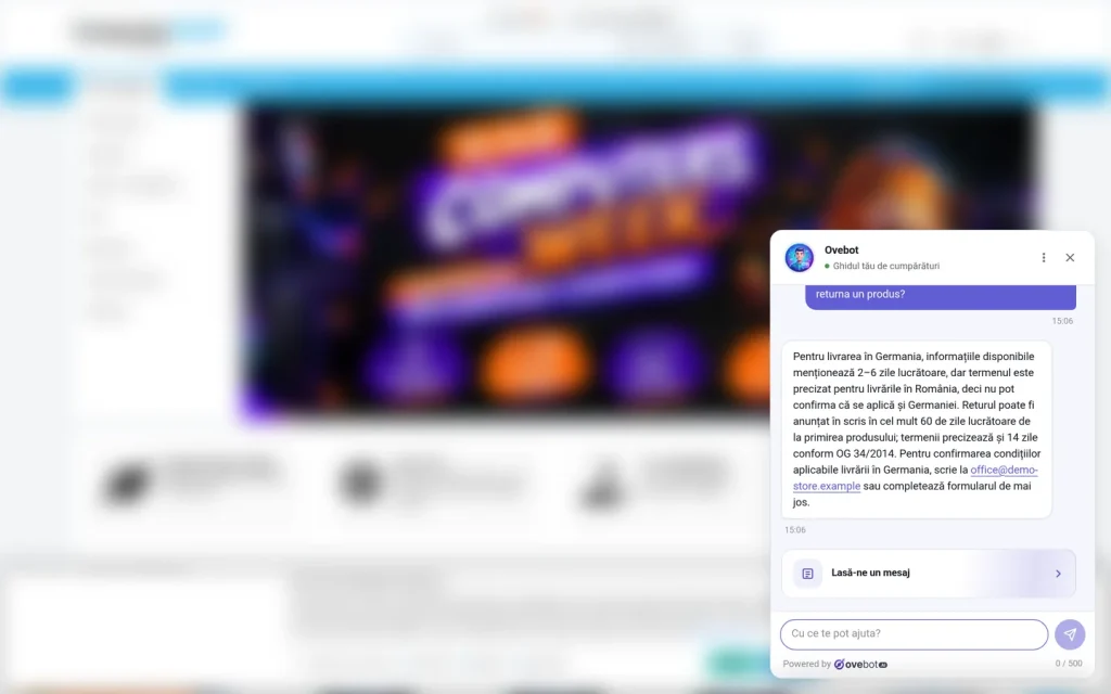 Un exemplu de AI în ecommerce: chatul unui magazin răspunde la o întrebare despre livrarea în Germania și returnarea unui produs, pe baza termenilor magazinului, și afișează butonul „Lasă-ne un mesaj”.