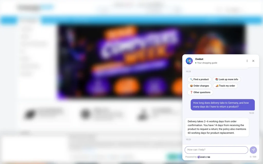 An example of AI in ecommerce: a store's chat widget answers a shopper's question about delivery time to Germany and the return window by quoting the store's own policy.