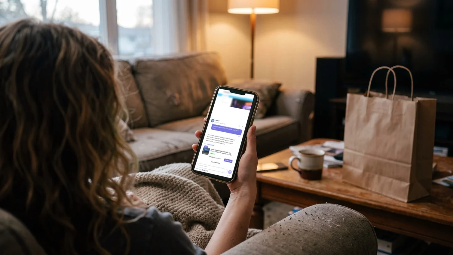 A shopper on the sofa at home holding a smartphone, where an AI shopping assistant recommends a laptop within her budget.