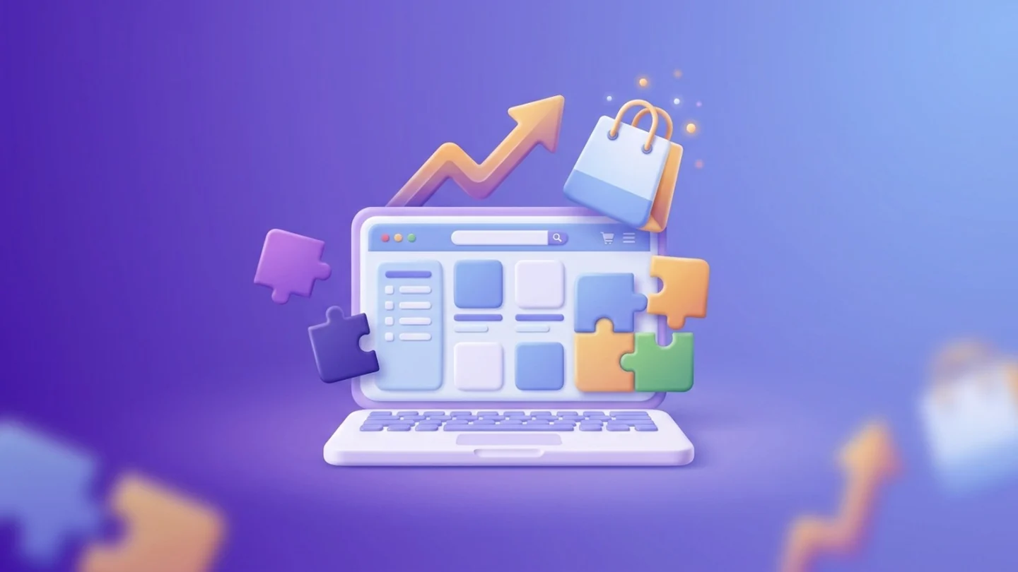 Ilustrație: un laptop cu un magazin online în care se îmbină piese de puzzle (pluginuri), cu o săgeată de vânzări în creștere.