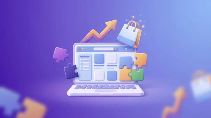 Ilustrație: un laptop cu un magazin online în care se îmbină piese de puzzle (pluginuri), cu o săgeată de vânzări în creștere.