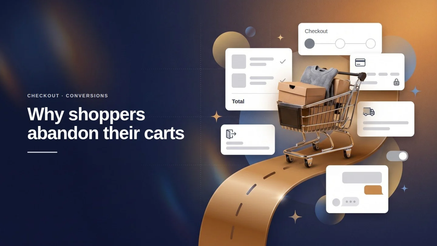 Banner: why shoppers abandon their carts, a full shopping cart left on a path that never reaches checkout, with cart, payment, shipping, exit and chat cards.