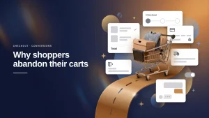 Banner: why shoppers abandon their carts, a full shopping cart left on a path that never reaches checkout, with cart, payment, shipping, exit and chat cards.