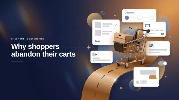 Banner: why shoppers abandon their carts, a full shopping cart left on a path that never reaches checkout, with cart, payment, shipping, exit and chat cards.