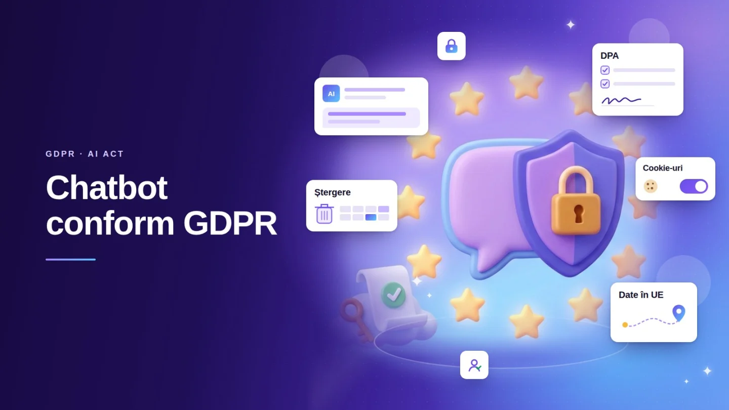 Banner: chatbot conform GDPR, o bulă de chat protejată de un scut cu lacăt în cercul stelelor UE, cu carduri pentru notificarea AI, DPA, cookie-uri, ștergerea datelor și date stocate în UE.