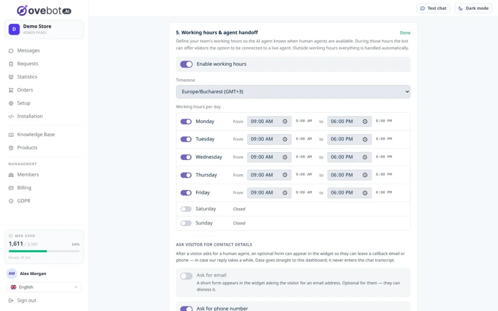 The Working hours and agent handoff settings screen with working hours switched on, a European timezone, Monday to Friday from 9:00 AM to 6:00 PM, Saturday and Sunday closed, and options to ask the visitor for an email or phone number after they request a human.