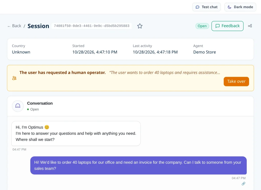 The session screen in the Ovebot admin shows the same conversation with a banner saying the user has requested a human operator, a short summary that the user wants to order 40 laptops, and a Take over button.