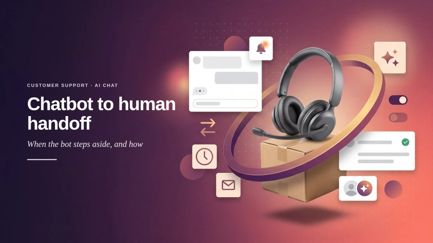 A cover for an article on chatbot human handoff: a headset resting on a shipping box inside a gold ring, with flat cards for chat, notifications, working hours, messages and a person next to an AI avatar on a plum-to-coral gradient under the headline Chatbot to human handoff.