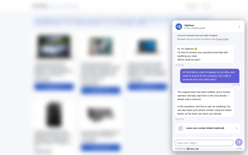 A chatbot human handoff in a store's chat widget: a shopper asks to talk to someone from the sales team about 40 laptops and a company invoice, and the assistant replies that the support team has been notified and a person will answer in the same chat, with an optional button to leave contact details.