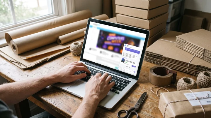 A small online shop owner typing on a laptop at a packing table with parcels, kraft paper and twine, an AI chatbot window open on the store.
