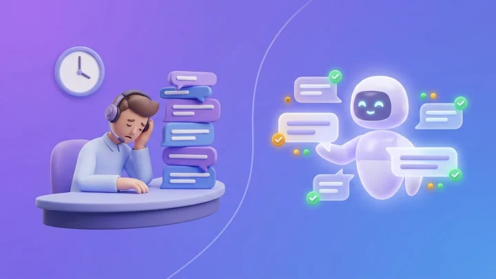 Illustration: a tired support agent behind a pile of unanswered chats next to an AI assistant answering many chats at once.