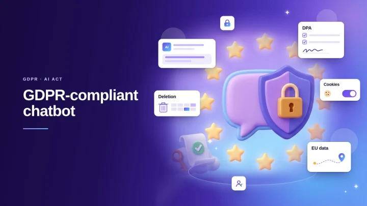 Banner: GDPR-compliant chatbot, a chat bubble protected by a padlock shield inside the ring of EU stars, with cards for the AI notice, DPA, cookies, data deletion and EU data storage.