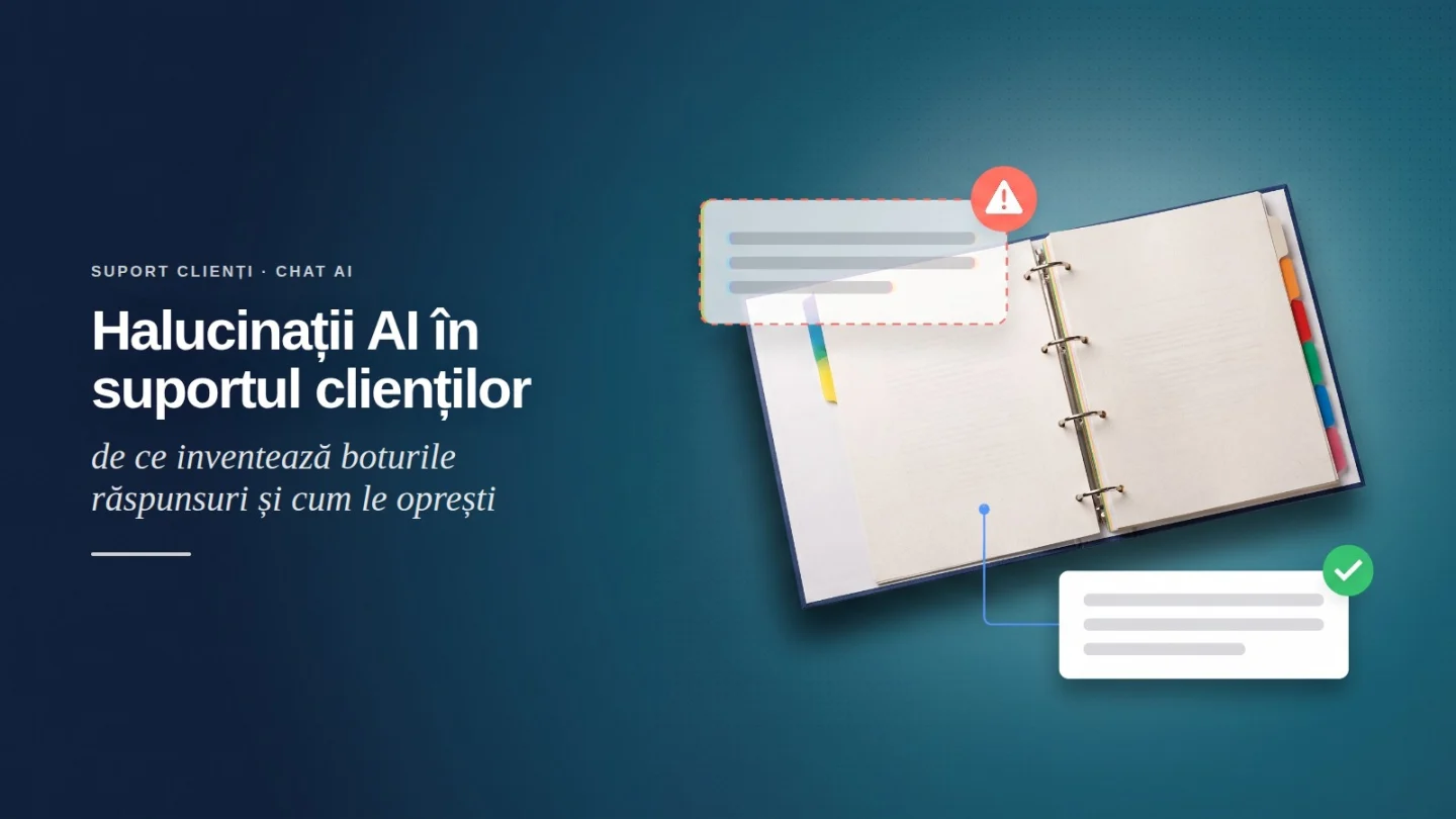 Banner: halucinații AI în suportul clienților, un răspuns inventat de chatbot marcat cu avertizare, lângă un răspuns verificat legat de biblioraftul cu politicile magazinului.