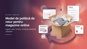 Banner: model de politică de retur pentru magazine online, un colet deschis pe o săgeată de retur, cu calendar de 14 zile, listă de verificare, rambursare și traseu de retur.