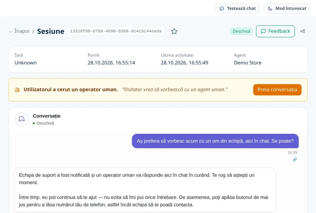Ecranul de sesiune din panoul de administrare Ovebot arată aceeași conversație, cu un banner care anunță că utilizatorul a cerut un operator uman, un scurt rezumat al cererii și butonul Preia conversația.