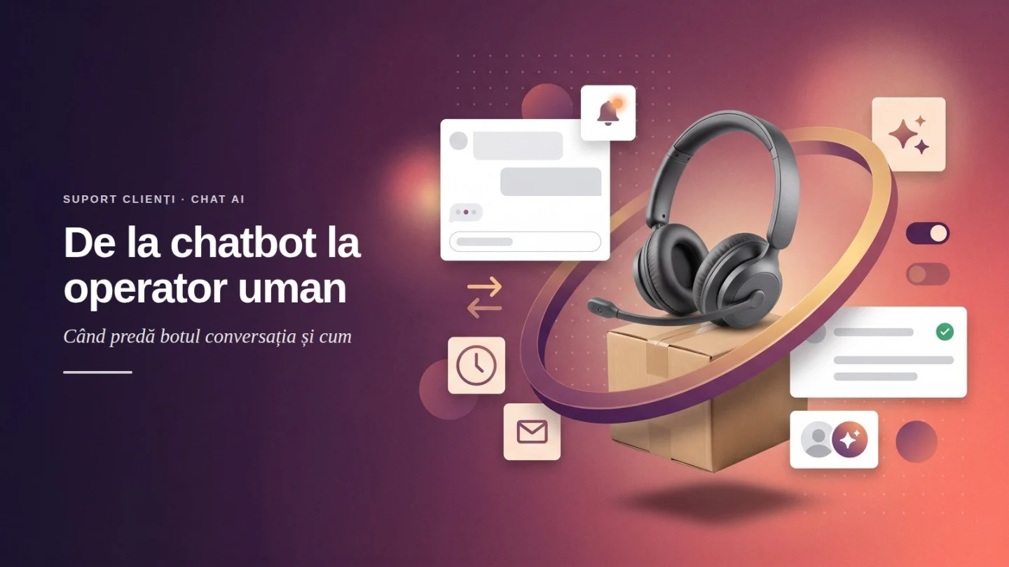 Copertă pentru un articol despre predarea conversației de la chatbot la operator uman: căști pe o cutie de expediție într-un inel auriu, carduri pentru chat, notificări, program, mesaje și o persoană lângă un avatar AI, pe un gradient prună-coral, sub titlul „De la chatbot la operator uman”.