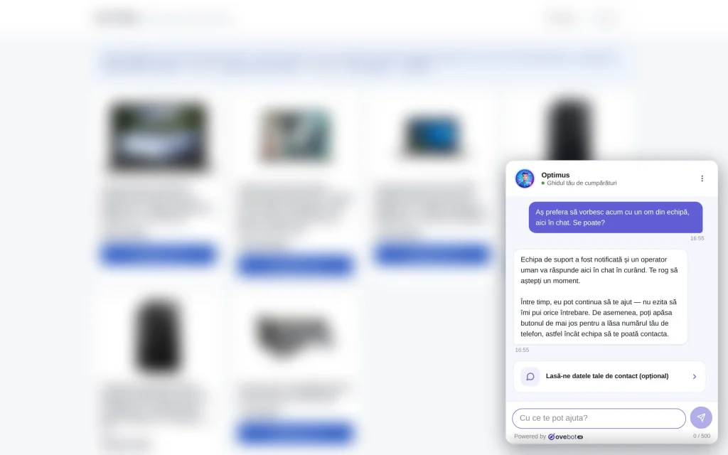 Predarea de la chatbot la operator uman în widgetul de chat al unui magazin: cumpărătorul întreabă dacă poate vorbi acum cu un om din echipă, aici în chat, iar asistentul răspunde că echipa de suport a fost notificată și că un operator uman îi va răspunde în același chat, cu un buton opțional pentru a lăsa datele de contact.