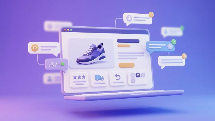 Illustration: a product page on a laptop with photo, ratings, delivery and returns info, surrounded by customer questions.