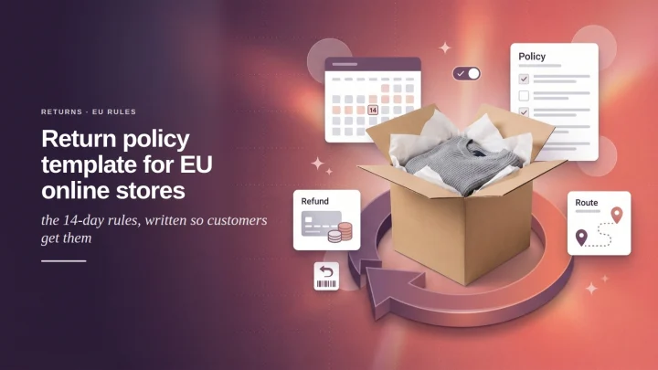 Banner: return policy template for EU online stores, an opened parcel on a return arrow with a 14-day calendar, policy checklist, refund and return route cards.