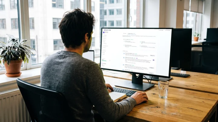 A store owner in a bright office reviewing the Ovebot Agent tools page, which lists what the AI agent can do on its own.