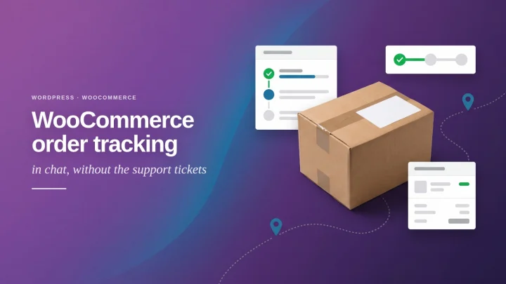 WooCommerce order tracking banner: a shipping parcel on a delivery route with order status cards from a WordPress store.