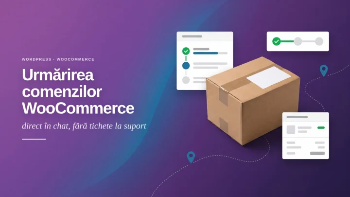 Banner despre urmărirea comenzilor WooCommerce: un colet pe traseul de livrare, cu carduri de status al comenzii dintr-un magazin WordPress.